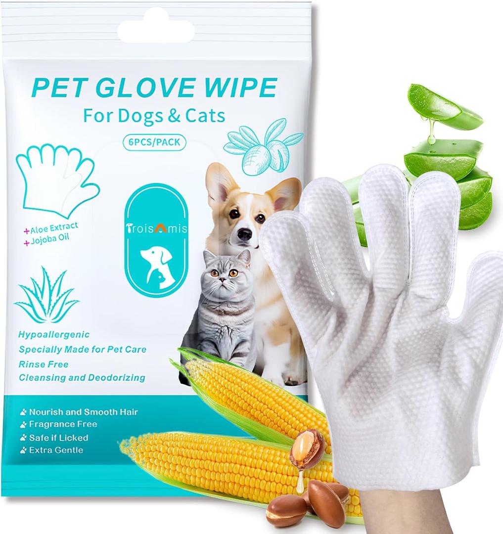 TroisAmis Thick Pet Glove Wipes for Dog & Cat Unscented, Cleaning & Deodorizing Grooming Gloves Wipes, No-Rinse Grooming Wipe for Daily Care and Travel, Ears Face Paws Butt Clean,Hypoallergenic&Gentle