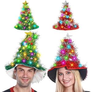 Camlinbo 2 Pcs Christmas Hats, Tinsel Tree Santa Hat with 30 Colored LED Lights, 3 Lighting Modes, Xmas Party Costume Accessories