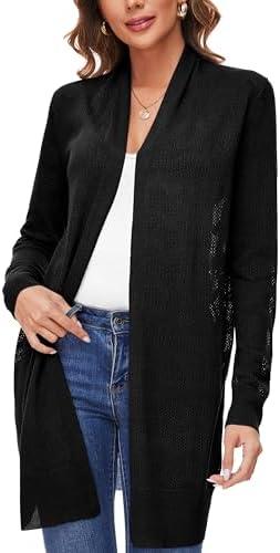 Women's Lightweight Summer Crochet Open Front Long Shawl Cardigan Hollow-Out Sweater, Size: M