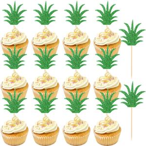36 PCS Pineapple Cupcake Toppers, Green Glitter Pineapple Cake Toppers for Birthday Decorations, Donut Cake Decorations for Tropical Hawaiian Party Supplies