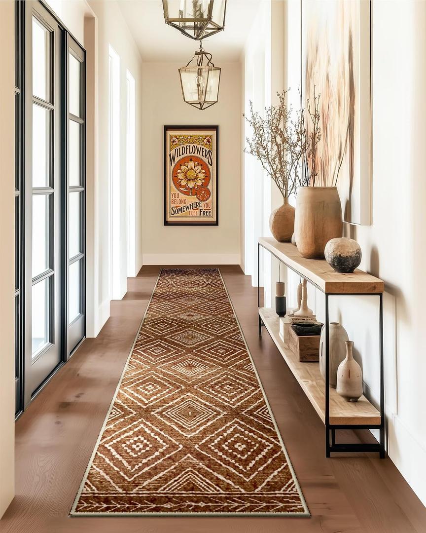 Area Rug 2x10 Rug Machine Washable Non-Slip Low Pile Print Pattern Western Rug for Living Room Bedroom Entryway Tribal Series -Yellowbrown/Cream