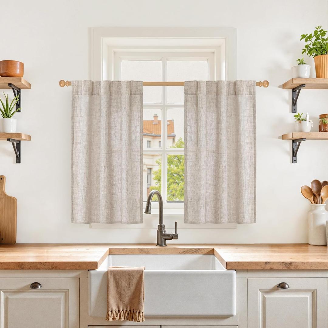 YoungsTex Small Linen Cafe Curtains 36 Inch Length, Natural Half Drapes with Rod Pocket Back Tab Semi Sheer for Bathroom Kitchen Window Over Sink, 2 Panels, 24 X 36 Inch
