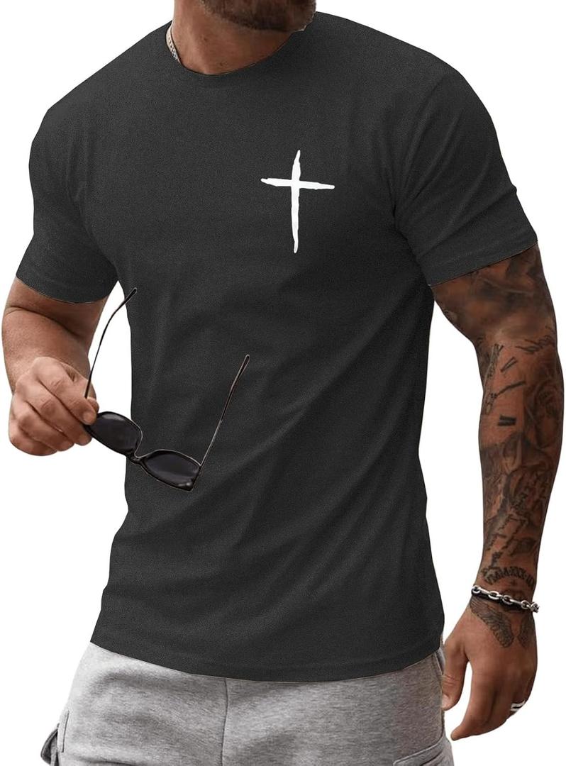 Mens Short Sleeve Cotton T-Shirts Crew Neck Jesus Cross Printed Shirts Faith Christ Shirts (Gray, XL)