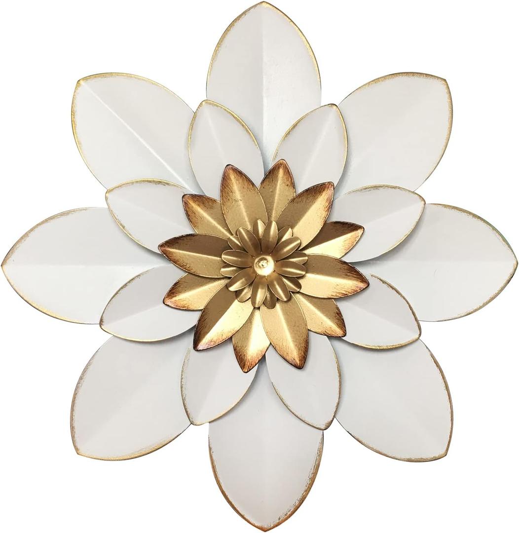 Metal Flower Wall Art Decor, 9.5 Rustic Modern Floral Sculpture, Distressed Iron Wall Hanging Home Decoration Accent Artworks for Indoor Kitchen Bedroom Living Room Office Outdoor Garden Patio (32B-White Gold)
