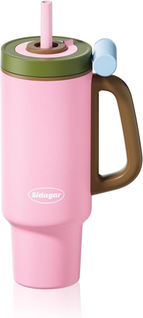 36 oz Tumbler with Handle and Straw, Ceramic Lined Water Bottle Vacuum Insulated Cup, Stainless Steel Travel Mug with Lid,Fits Cup Holder, Leak Resistant Press-in Lid, Pink (Peach Blossom Pink)
