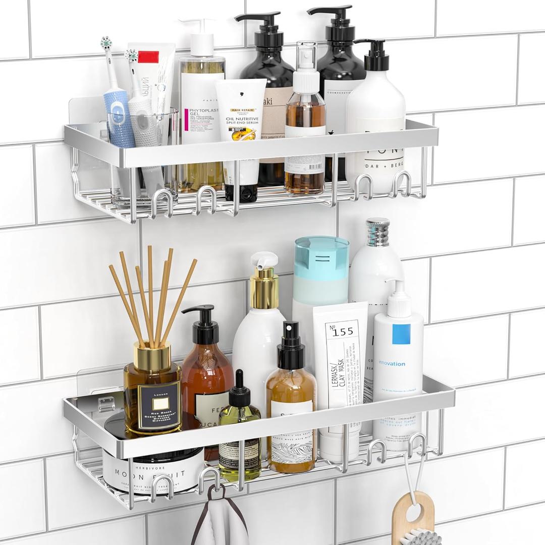 Moforoco Shower Caddy Shelf Organizer Rack, Self Adhesive Black Bathroom Shelves Basket, Home Farmhouse Wall Inside Organization and Storage Decor Rv Accessories, First Camper Apartment Essentials (Medium, Silver)