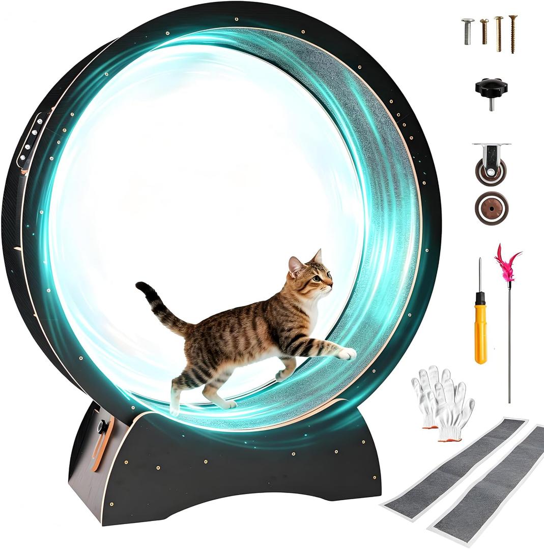 Cat Exercise Wheel for Indoor Cats with 2 Replacement Carpets, 43.3in Large Quiet Cat Running Wheel for Maine Coon & Active Cats Supports Up to 25 lbs, Wooden Cat Treadmill Exercise Wheel