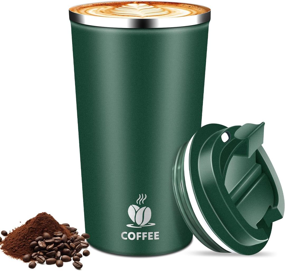 Hwawhin 17oz Insulated Travel Coffee Mug with Flip Lid  Leakproof Stainless Steel Insulated Coffee Tumblers, Reuable Coffee Cup for Hot & Cold Drinks, Perfect for Camping & On-the-Go (Dark Green)