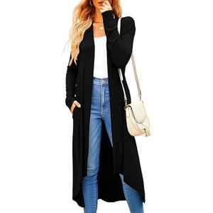 Newchoice Womens Long Cardigan Summer Casual Draped Open Front Lightweight Long Sleeve Cardigan Duster with Pockets (Black, S)