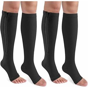 CASMON 1 Pairs Zipper Compression Socks for Women & Men, 15-20 mmHg Open Toe Knee High Support Socks with Zipper for Varicose Veins Edema, L-XL