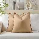 Scalloped Pillow Covers Set of 2 for Living Room | Decorative Sofa Couch Pillows | Boho Sytle Decorative Home | Aesthetic Funky Preppy Pillow Cases (Khaki & White, 18x18 Inch)