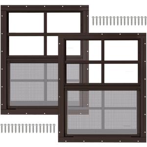 2 Pack 18" x 23" Brown Shed Window with Tempered Glass and Fiberglass Screen Household Sliding Windows with Screws for Shed, Chicken Coop, Playhouse, Garage and Barns
