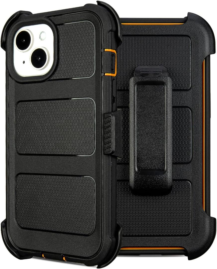 Compatible with Defender iPhone 14 Case with Belt Clip, Shockproof Heavy Duty Rugged, 2 Layers of Sturdy, Military-Grade Cover Compatible with iPhone 14 Case Black & Orange