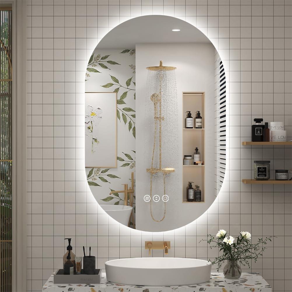 SMIROR Oval Backlit LED Bathroom Mirror, 24x36 Pill-Shaped Lighted Vanity Mirror with Lights for Wall, Dimmable, 3 Colors Lighting, Anti-Fog, Memory Function (Horizontal/Vertical)