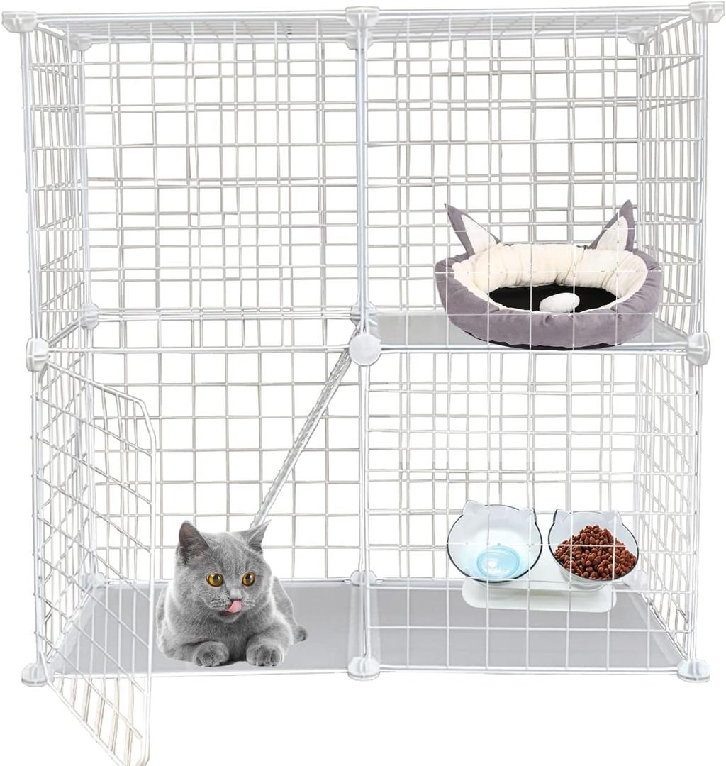 2-Tier DIY Cat Cage,Small Animal Indoor Detachable Metal Cage,Cats Kennels Crate Large Exercise Place Playpen Kitten Enclosure with 2 Doors,29.5x15.3x28.7 Inch White