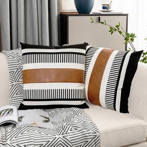 Pack of 2 Faux Leather and Cotton Patchwork Throw Pillow Covers for Sofa Couch Farmhouse Decorative Square Cushion Cover Boho Stripe Accent Pillow Case 20 x 20 Inch, Black