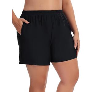 Women's Plus Size Swim Shorts High Waisted Bathing Suit Bottoms Long Swimsuit Board Short Tankini Trunks with Pocket (2XL, Black)