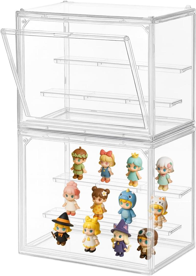 2-Pack Acrylic Display Case for Collectibles, Modular 3-Tier Display Box with Magnetic Door, Stackable Figure Cabinet Compatible with Popmart, Fits Funko Pop & 1:24 Diecast Cars