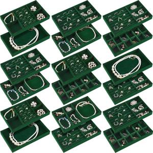 Junkin 18 Pcs Velvet Jewelry Tray, Stackable Jewelry Organizer Trays for Drawer, Jewellery Box Divided Display Tray, Jewelry Inserts for Drawer for Rings Earring Bangle Necklaces(Dark Green)