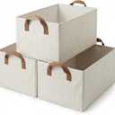 3 Pack Storage Bins Fabric Collapsible Organizers with Handles Sturdy Canvas with PP Board 17.9x 11x 7.9 Beige Foldable Storage Box for Closet Shelves, Books, Toys, Clothes, Office Organization