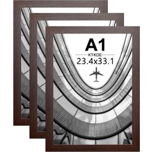 KTKDE A1 Poster Frame 3 Pack, 23.4x33.1 Walnut Wooden, Vertical & Horizontal Wall Hanging Large Picture Frame for Photos, Posters & Art Prints Perfect For Best Gifts And Home Decor