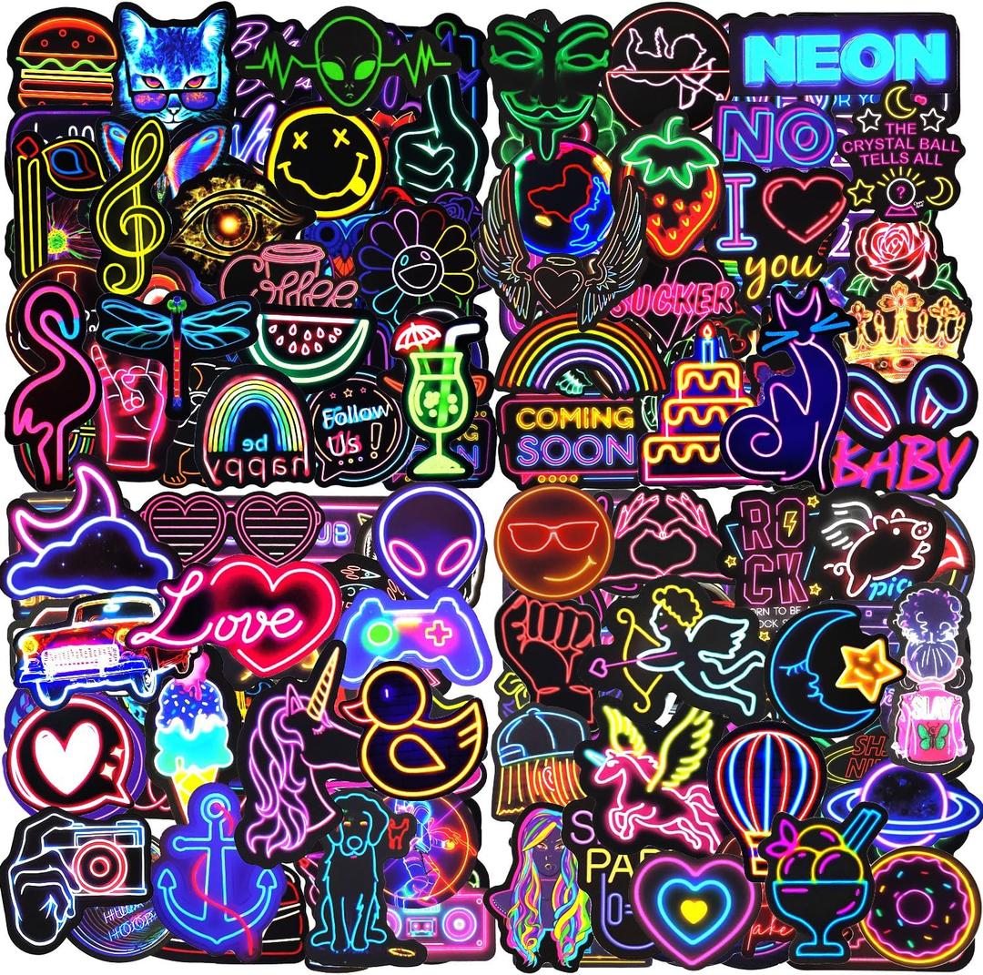 Water Bottle Stickers 200 Pcs Cool Neon Sticker Packs, Prizes for Kids Classroom Reward, Waterproof Vinyl Stickers for Water Bottles Laptop Skateboard Scrapbooking Journaling Notesbook Luggage etc (A-cool Neon)