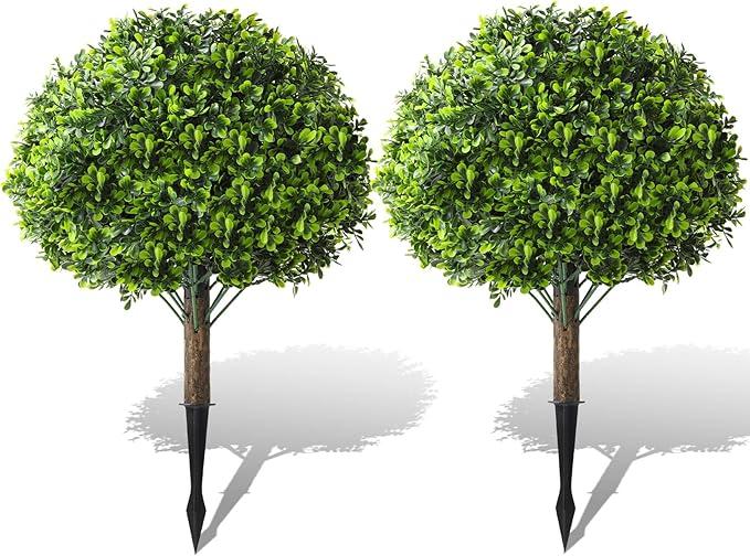 Faux Boxwood Balls for Outdoor Planters Topiary Set of 2 with Peanut Leaves,UV Resistant Artificial Shrub Bushes Trees with Spike for Porch,Indoor,Garden