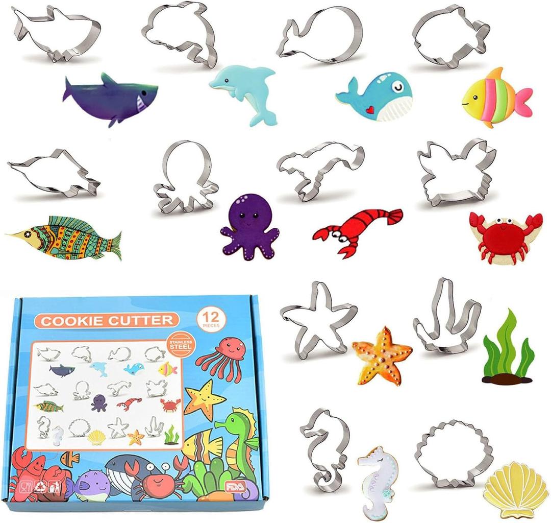12 Pcs Ocean Creatures Cookie Cutters, Dolphin, Crab, Clownfish, Octopus, Seahorse, Starfish, Jellyfish, Seashell, Shark, Seaweed Stainless Steel Cookie Cutters for Baking (Sea Animals)