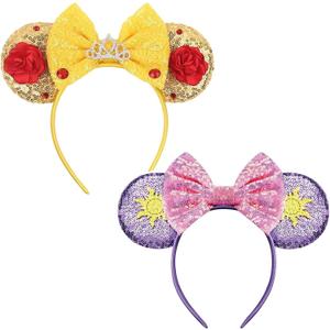 Girls Mouse Ears Headband Set - Hair Bands, Bows, Princess Headwear for Cosplay, Halloween, Birthday Party