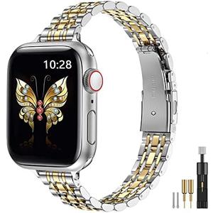 MioHHR Slim Metal Band Compatible with Apple Watch Band 42mm(Series 10) 41mm 40mm 38mm,Dressy Stainless Steel Chain Strap for Women iWatch Bands Series 9 8 7 6 5 4 3 2 1 SE,Silver/Gold