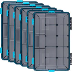 Wonderjune 6 Pack Fishing Tackle Boxes Waterproof 3600 and 3700 Tackle Trays with Removable Dividers Plastic Lures Terminal Storage Organizer Box for Bait Vault (3600, Blue)