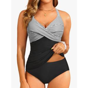 Tempt Me Women Ruched Tankini Swimsuit - Tummy Control Two Piece Bathing Suits Twist V Neck Swimwear with Bottom 2025, L