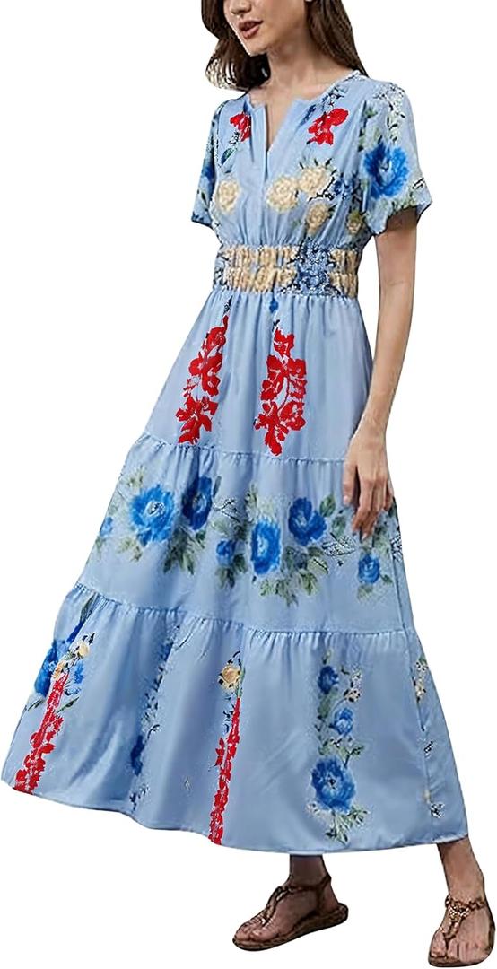 Women's Summer Boho Maxi Dresses Floral V Neck Tiered Short Sleeve Long Dress Flowy Beach Vacation Dress with Pockets (Large, Light Blue)