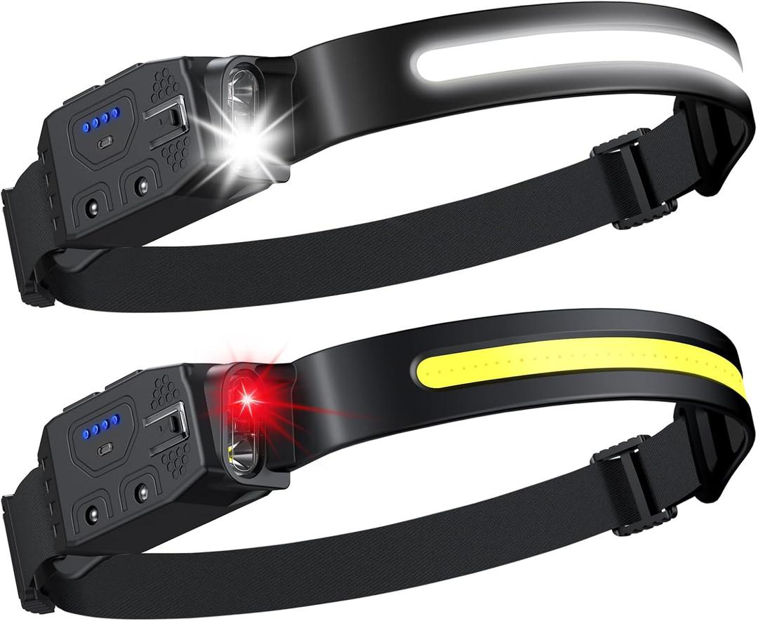 LHKNL Rechargeable Headlamp 2Pcs- 230 Wide Beam Led Head Lamp with White Red Light, Long Lasting Hard Hat Light, Motion Sensor, 6 Mode Headlight Flashlight for Adults Camping,Hiking,Running