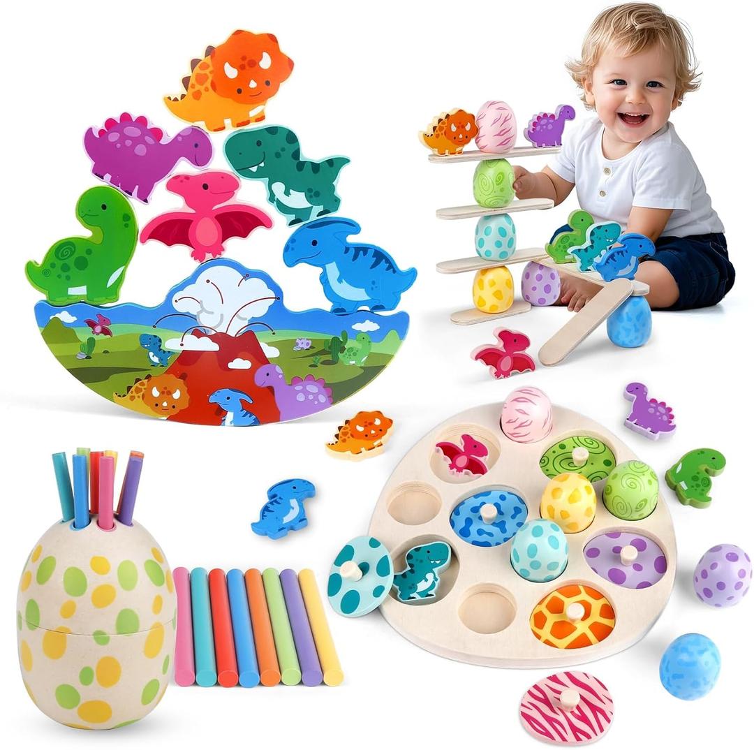 Montessori Dinosaur Toddler Toys Wooden Puzzles Gift for Ages 1 2 3 4 Year Old Kid Boys Girls Animal Dino Egg Toys, Wooden Blocks Stacking Sorting Toddler Fat Brain Easter Gift Preschool Learning