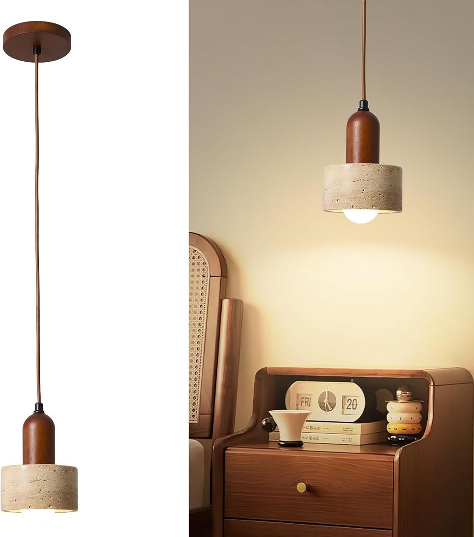 Natural Stone Pendant Light, Wabi Sabi Travertine & Wood Hanging Lamp for Kitchen Island, Hallway, Bedroom, Dining Room Ceiling Decor (Stone Hat, 2pcs)