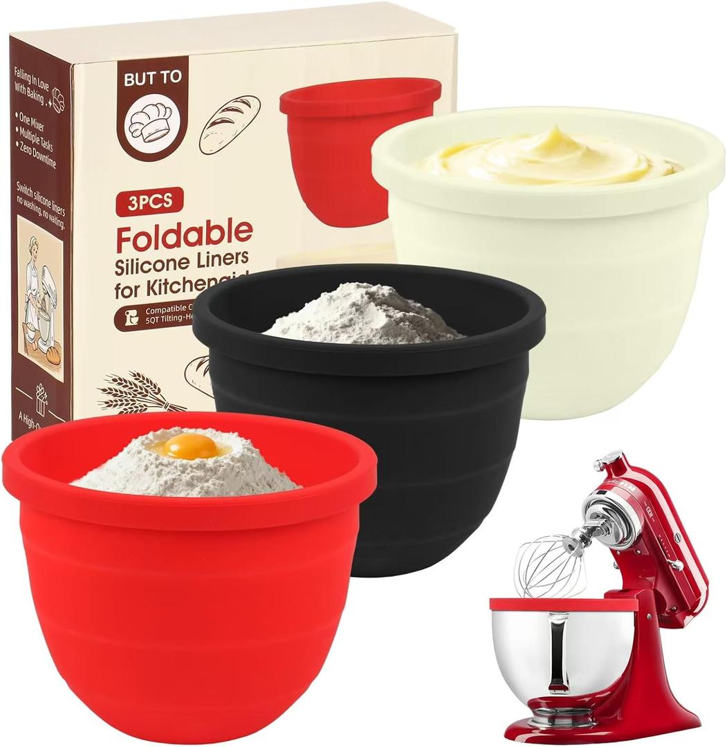 3 PCS Foldable Silicone Liners for Kitchenaid TiltHead 5 QT Mixer  DishwasherSafe FoodGrade Silicone Bowl Insert  Simple to Use Mixer Accessories for Effortless Baking Prep (Black+OffWhite+Red)