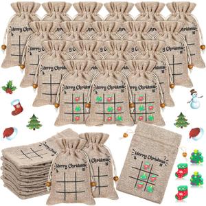 Windyun 100 Set Christmas Tic Tac Toe Game Bulk Xmas Board Game 3.94 x 5.91 Burlap Drawstring Bag Gifts for Classroom Games Party(Christmas Tree)