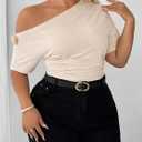 Women's Plus Size Off The Shoulder Tops Elegant Metal 3D Floral Ruched Short Sleeve Going Out Blouses (Beige, XXL)