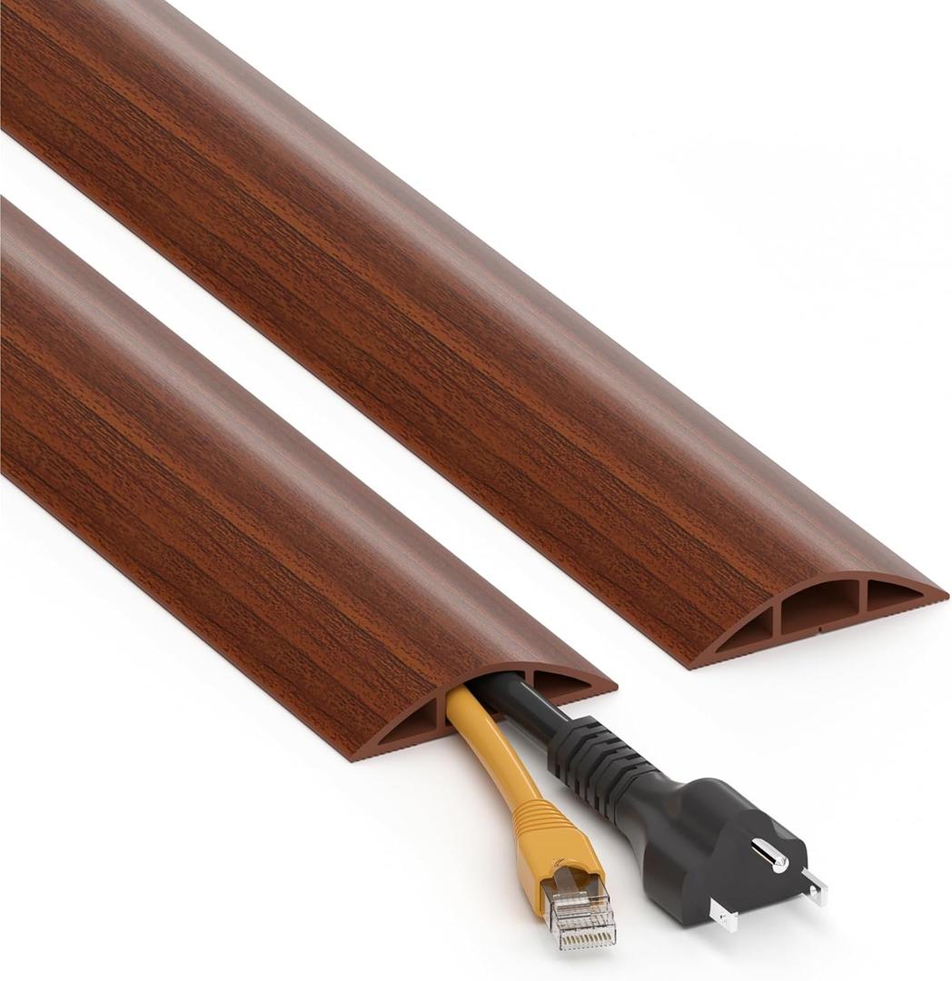 Floor Cord Cover 4ft, Brown Walnut Wood Cord Hider Floor Hide Extension Cords, Floor Cable Management Floor Cable Cover Wire Covers for Cords, Cable Protector Cord Cavity W0.6in x H0.32in (L-D50P - 4ft)