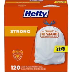 Hefty Strong White 13 Gallon Trash Bags with Drawstrings, Unscented Tall Kitchen Trash Bags, Resists Leaks, Punctures, and Tears, Durable Closure, 120 Ct.