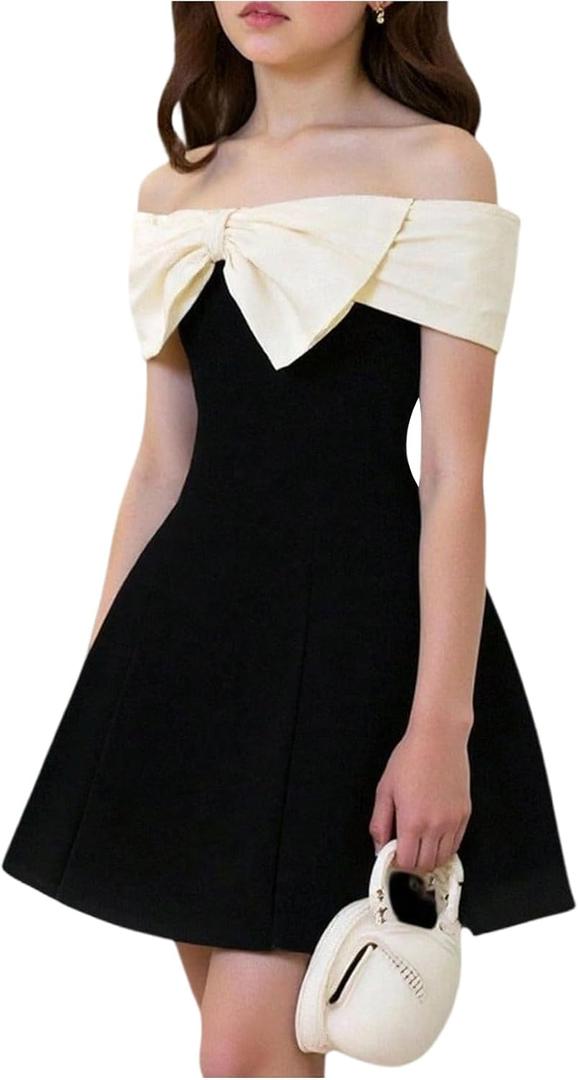SweatyRocks Girl's Off Shoulder Short Dress Elegant Bow Short Sleeve A Line Party Dresses, Small