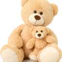 Muiteiur 39 Inch Giant Teddy Bear, Fun Mom Bear Plush with Attached Baby, Large Soft Plush Toy Gift for Kids Girlfriend Boy (Light Brown)