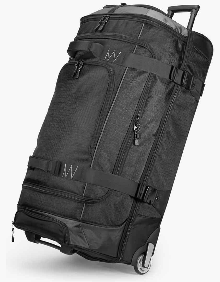 35-inch Large Rolling Duffle Bag with Wheels and Handle, Travel Duffle Bag with Durable Ripstop Polyester Material, 2 Layers of Space, Multiple Interior and Exterior Pockets, Black