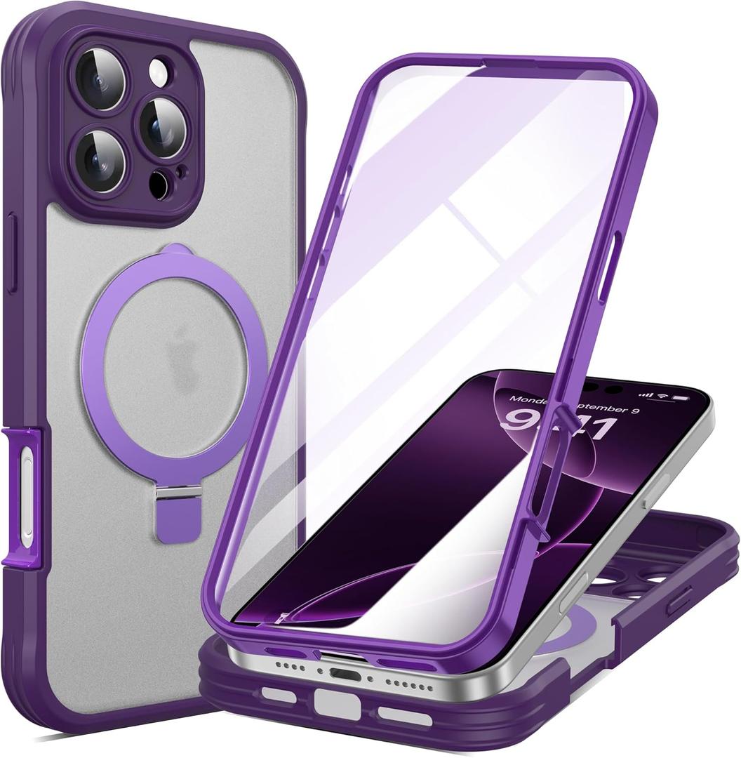 for iPhone 16 Pro Max Case with Invisible Magnetic Stand, Compatible with Mag-Safe Translucent Matte with Built-in Screen Protector, Shockproof Protective Phone Case for Women Men, Purple