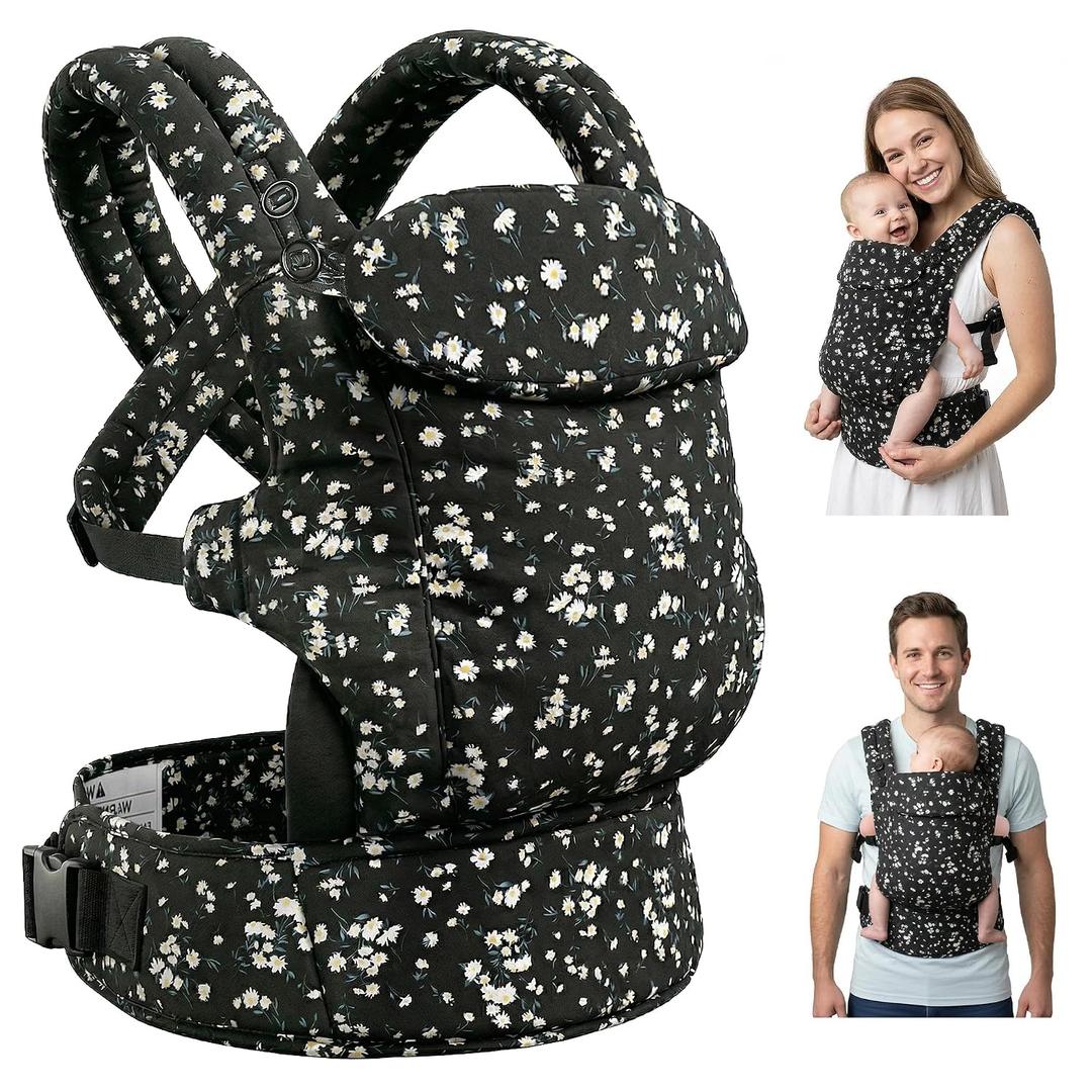 FRUITEAM Baby Carrier, Toddler Carrier with Adjustable Seat Size, Comfortable & Ergonomic Baby Carrier Newborn (7-25 LBS), Easy to Wear, Travel and Hiking Friendly (Black Floral)