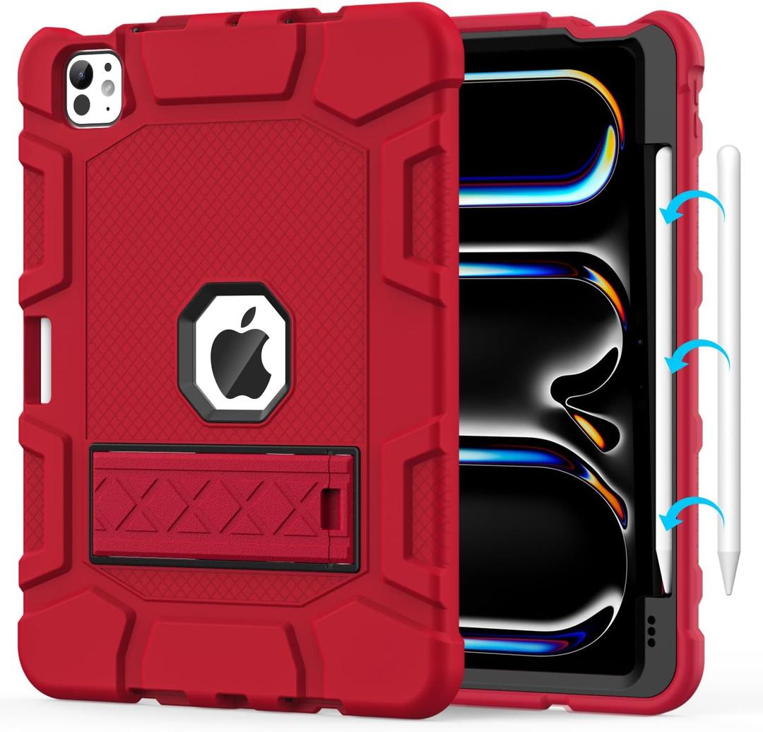 Case for iPad Pro 11-inch Case 2024 (M4), iPad 11 Pro Case with Pencil Holder, Built-in Stand Shockproof Rugged Protective Cover for iPad Pro 11-inch 5th Gen (Red)
