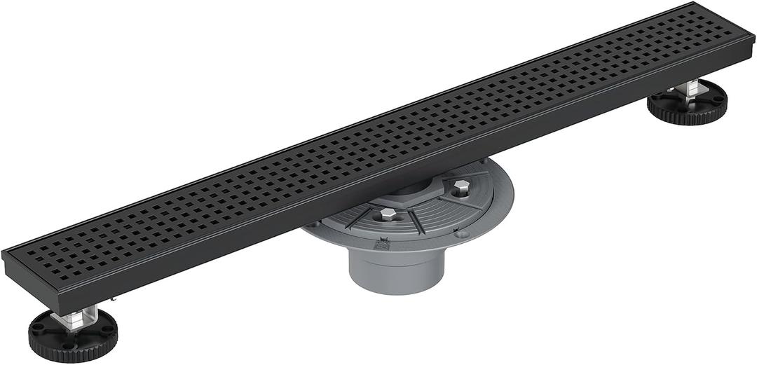 Neodrain 24-Inch Matte Black Linear Shower Drain,Stainless Steel Linear Drain with Quadrato Pattern Grate,Rectangle Shower Floor Drain with Hair Strainer, Shower Drain Base
