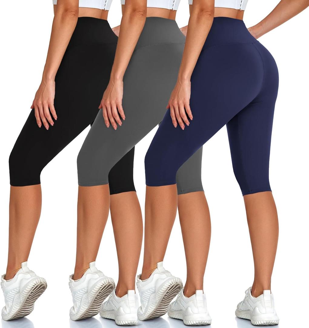 High Waisted 3 Pack Women's Capri Pants - Knee Length Yoga Shorts, Biker Workout Leggings for Women,Summer Activewear, Size L/XL