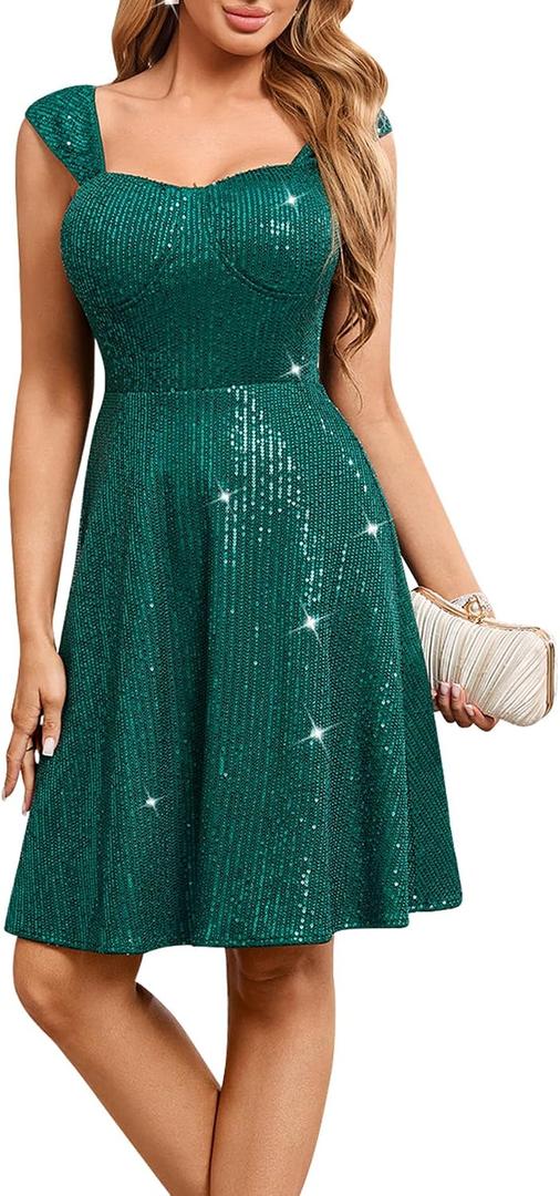 Dasmzper Sparkly V-Neck Sequin Mini Dress for Women Night Out Cocktail Sweetheart Neck Cap Sleeve A-Line Short Dress (Green, XXL)